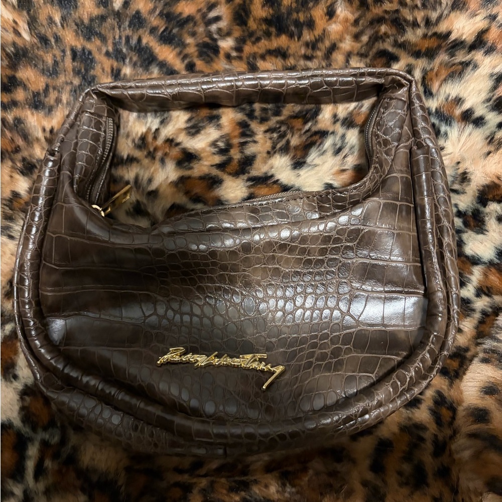 PrettyLittleThing Dark Brown Croc-Embossed Shoulder Bag with Gold Logo
